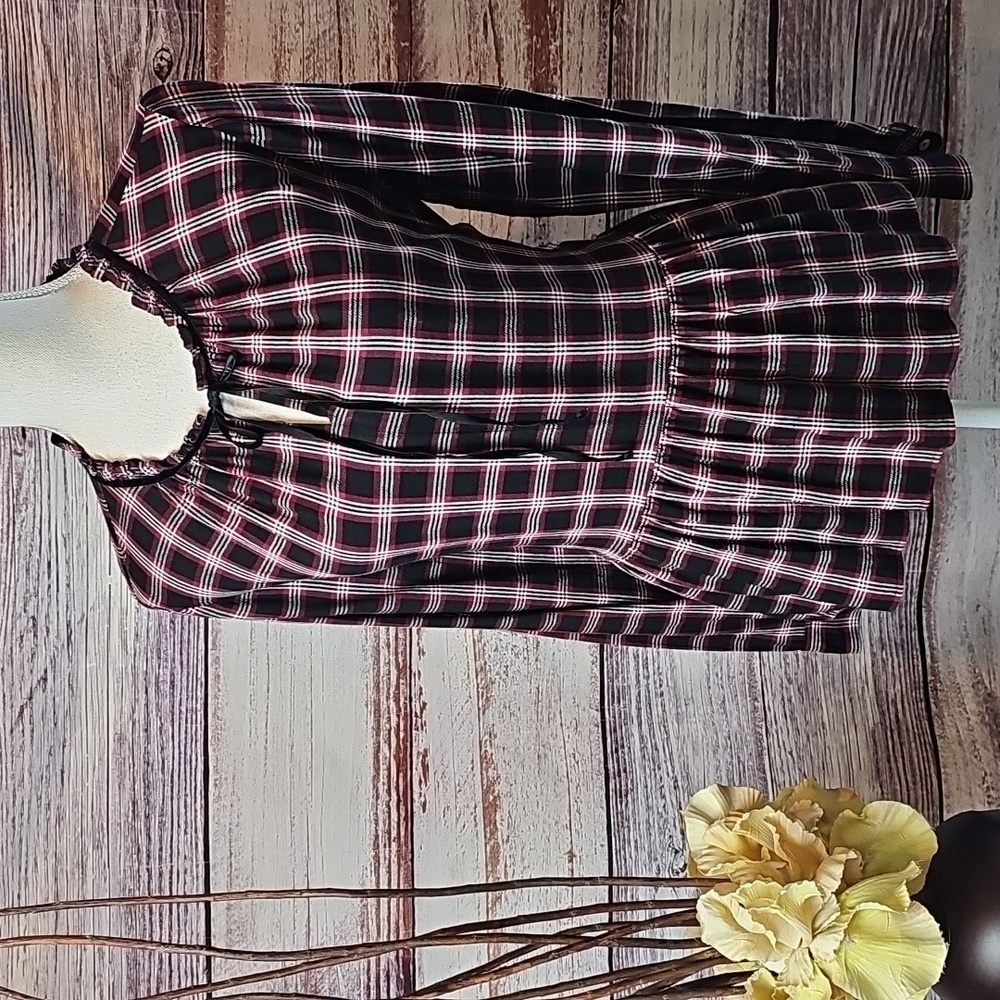 NEW LOFT BLACK PLAID LONG SLEEVE PEPLUM PULLOVER TOP